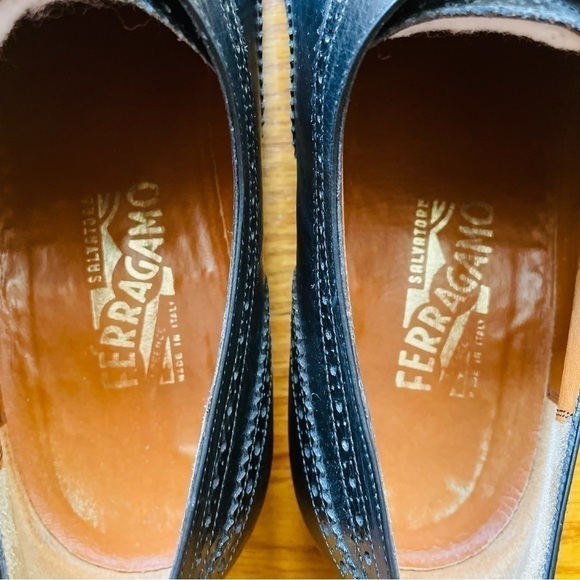 Salvatore Ferragamo Men's Oxfords 12B Black Leather Brogues Lace Up Vibram Soles - Picture 4 of 10